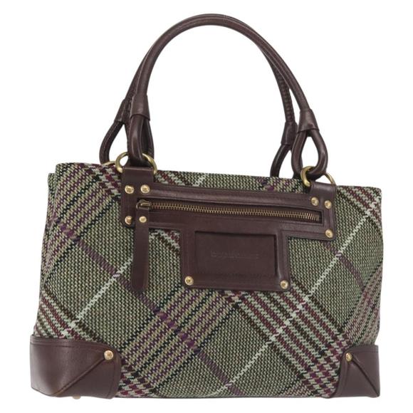 BURBERRY Nova Check Tote Bag Wool Leather Green Brown Auth BA5684 - Picture 1 of 16